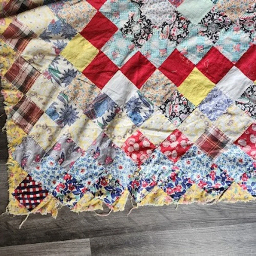 1940s Trip Around World Quilt Top Only Feedsack Patchwork 65x73 Scrap